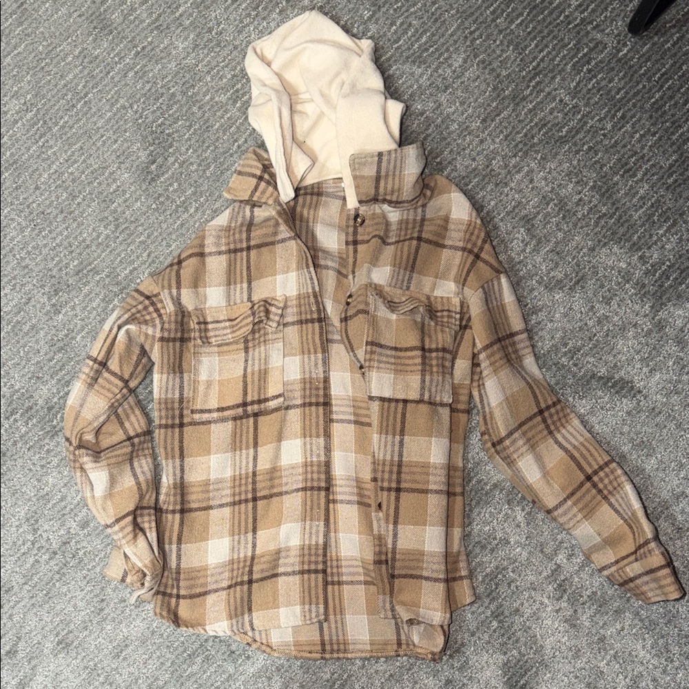 Plaid Tan Hooded Women's Top